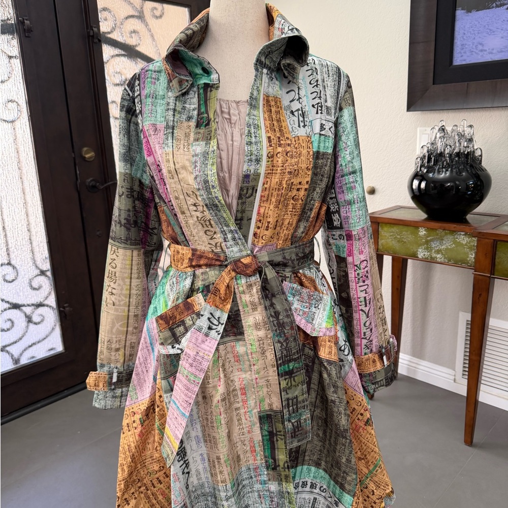 Samuel Dong pink and gold Asian graphic bubble dress coat.